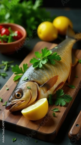 Fototapeta Fresh fish garnished with parsley and lemon slices on a wooden board, surrounded by vibrant tomatoes and lemons, creating a colorful, appetizing culinary display
