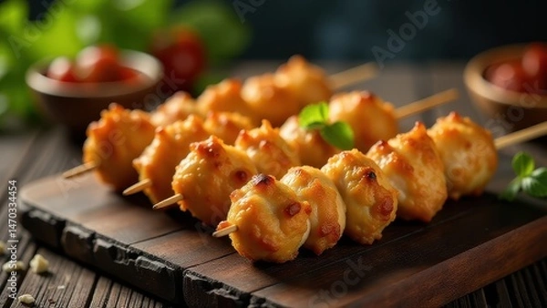 Fototapeta Golden, crispy potato and cheese balls on skewers served on a black plate with a side dip and blurred background setting for a cozy meal