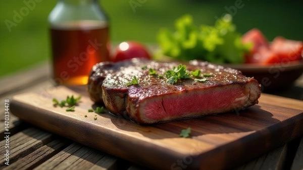 Fototapeta Juicy grilled steak on a wooden board garnished with herbs, accompanied by lush greenery and fresh tomatoes, ready to feast in an outdoor setting