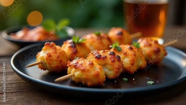 Fototapeta Golden, crispy potato and cheese balls on skewers served on a black plate with a side dip and blurred background setting for a cozy meal