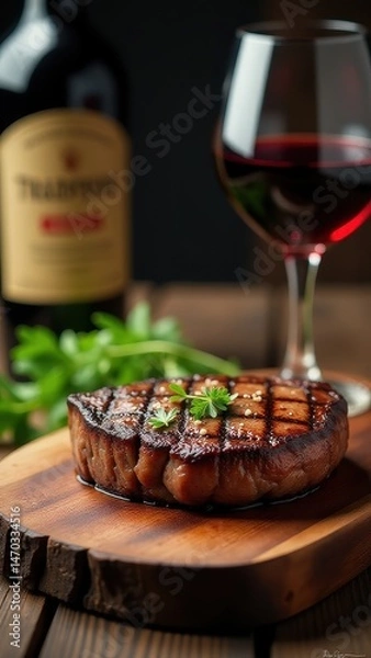 Fototapeta A juicy grilled steak with garnish is elegantly presented alongside a glass of red wine on a rustic wooden plate, creating a gourmet dining ambiance
