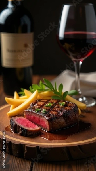 Fototapeta A juicy grilled steak with garnish is elegantly presented alongside a glass of red wine on a rustic wooden plate, creating a gourmet dining ambiance