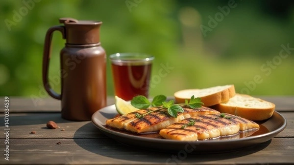 Fototapeta Grilled fish served on a wooden board with fresh herbs, alongside a metal thermos, a cup of tea, and sliced bread against a blurred natural background