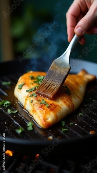 Fototapeta A person brushes marinade onto salmon fillet with chopped green onions on a sizzling grill, emphasizing fresh culinary preparation