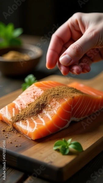 Fototapeta A close-up of a hand sprinkling spices on fresh salmon fillet on a wooden board, highlighting culinary preparation and ingredient details