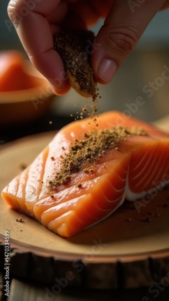 Fototapeta A close-up of a hand sprinkling spices on fresh salmon fillet on a wooden board, highlighting culinary preparation and ingredient details