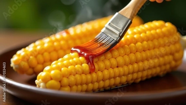 Fototapeta Brush applying vibrant red sauce onto steaming corn on the cob on a wooden plate