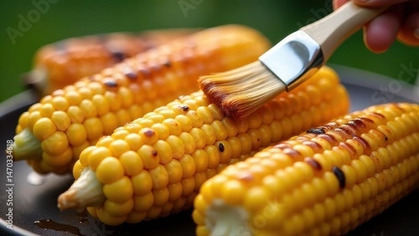 Fototapeta Brush applying vibrant red sauce onto steaming corn on the cob on a wooden plate