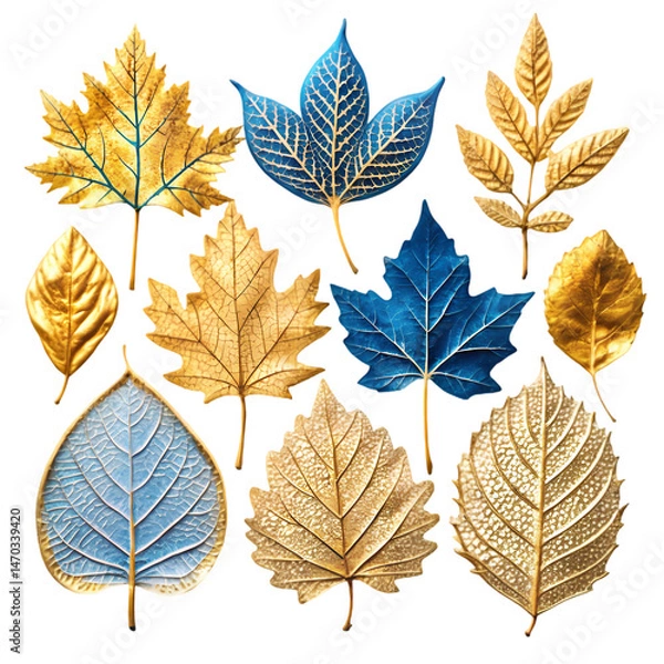 Fototapeta Gold and Blue Autumn Leaves Collection on Transparent background