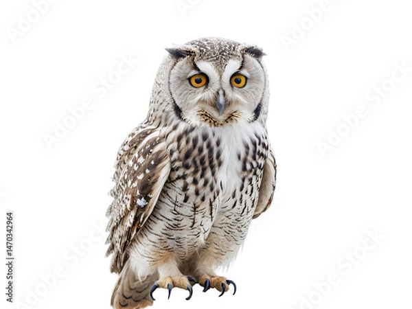 Fototapeta Portrait of a great horned owl isolated on white background.