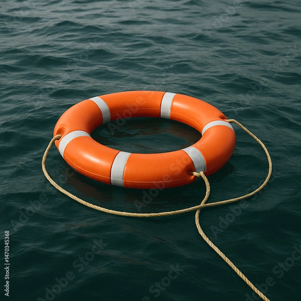 Fototapeta An orange lifebuoy with a rope floats on open water, waiting to be used.