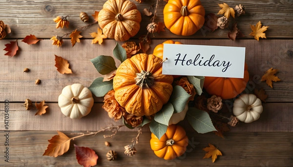 Obraz Rustic mockup with autumn table decoration.  Floral interior decor for fall holidays with handmade pumpkins. Holiday greeting card. Flatlay, top view, dramatic. White tone