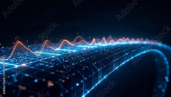 Obraz Glowing pulses flowing across data bridge – ideal for tech integration, business intelligence and analytics software platforms