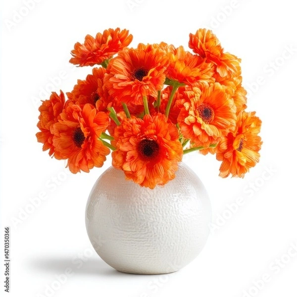 Obraz Bunch of orange gerbera flowers in a round vase still life photo isolated on white background