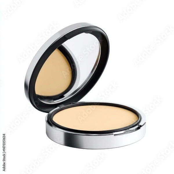 Obraz Face powder compact with mirror open on white background