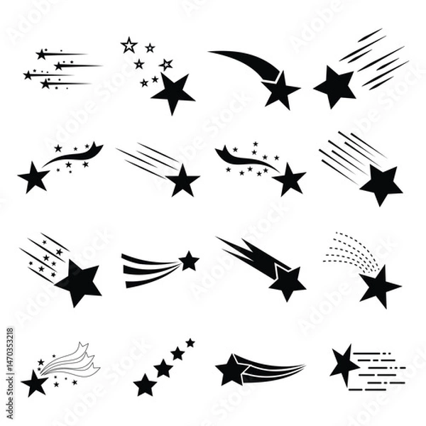 Fototapeta Shooting stars icon vector set.  Black shooting stars isolated on white background. Black falling stars icon. Flying comet with tail, falling meteor, abstract galaxy element. Falling and moving Star.