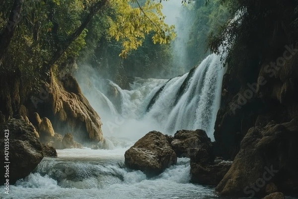 Fototapeta Waterfall cascading nature scene on white background