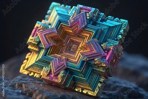 Obraz Colorful bismuth crystal formation exhibiting stunning iridescent colors and intricate geometric structures