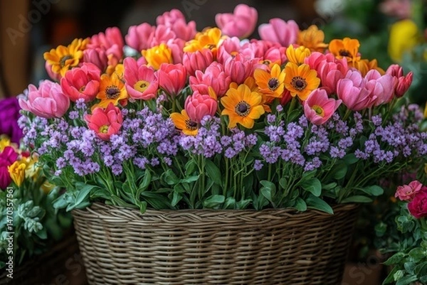 Fototapeta Vibrant Spring Flowers in a Decorative Basket Showcase Natures Beauty and Freshness Throughout the Blooming Season in a Warm, Inviting Setting