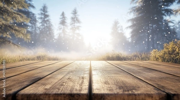 Fototapeta Rustic wooden table outdoors in a misty forest.