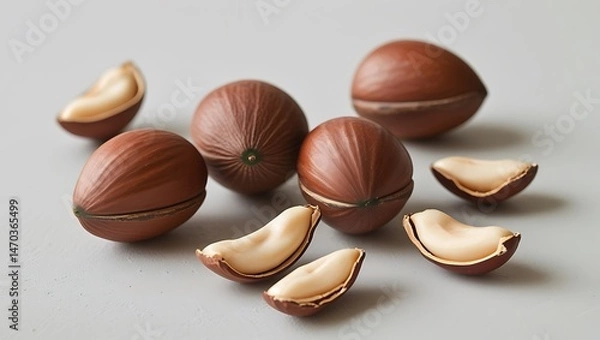 Fototapeta Close-up of Whole and Split Jojoba Nuts on a Soft Grey Surface