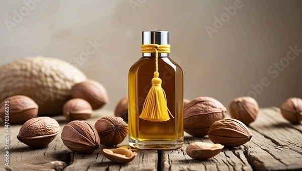 Fototapeta Argan Oil in Elegant Bottle with Argan Nuts on Wooden Surface
