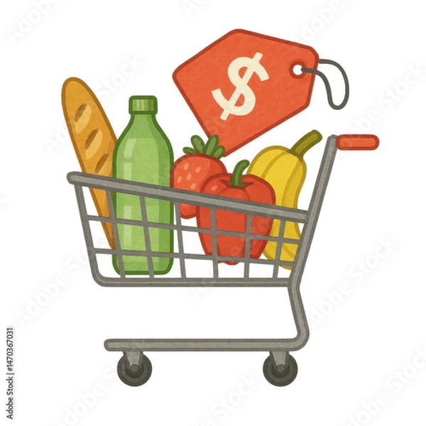 Obraz Grocery Shopping Cart with Fresh Food and Price Tag Illustration
