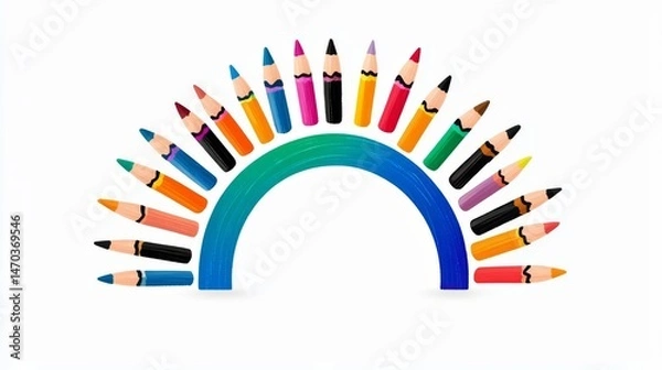 Fototapeta A vibrant arrangement of colored pencils forming a rainbow shape, showcasing creativity and artistic expression.