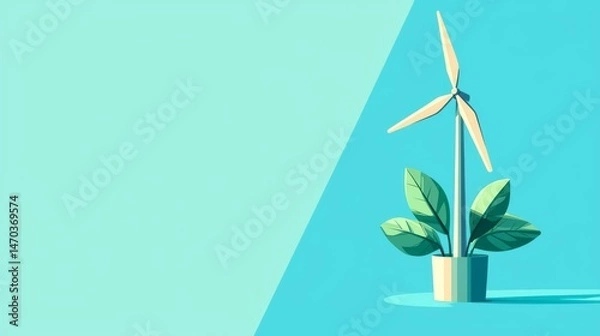 Fototapeta A contemporary illustration of a wind turbine surrounded by green leaves, symbolizing renewable energy and sustainability.