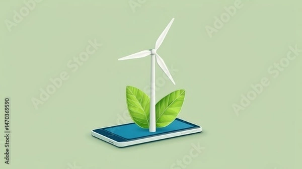 Fototapeta A smartphone displaying a wind turbine and green leaves, symbolizing sustainability and eco-friendly technology.