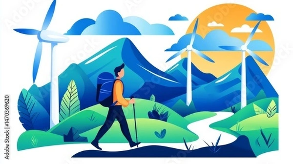 Fototapeta A serene illustration of a hiker exploring a vibrant landscape with wind turbines under a sunny sky.