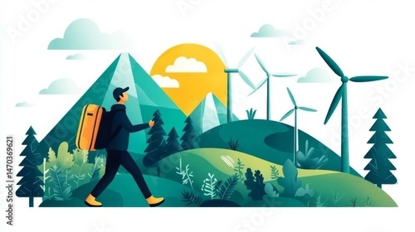 Fototapeta A traveler explores a scenic landscape featuring mountains, wind turbines, and a vibrant sunrise.