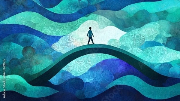 Fototapeta An abstract representation of a figure standing on a bridge, surrounded by flowing waves of color, symbolizing reflection.