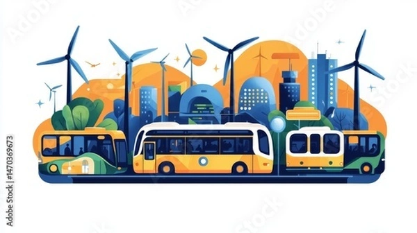 Fototapeta A vibrant illustration of various eco-friendly transport options in a modern city with wind turbines.
