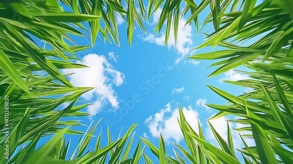 Fototapeta Vibrant green grass framed against a bright blue sky, creating a serene and refreshing natural scene.