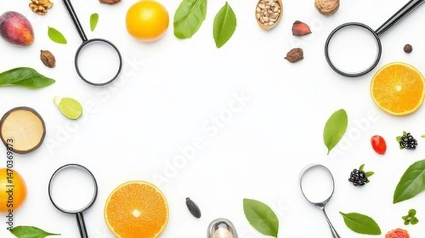 Fototapeta Fresh fruits and leaves arranged artistically on a white background, perfect for healthy lifestyle and nutrition themes.