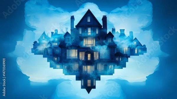 Fototapeta A surreal depiction of houses reflected in a mystical blue environment, creating an enchanting atmosphere.