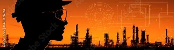 Fototapeta A silhouette engineer contemplates industrial processes at sunset over refineries