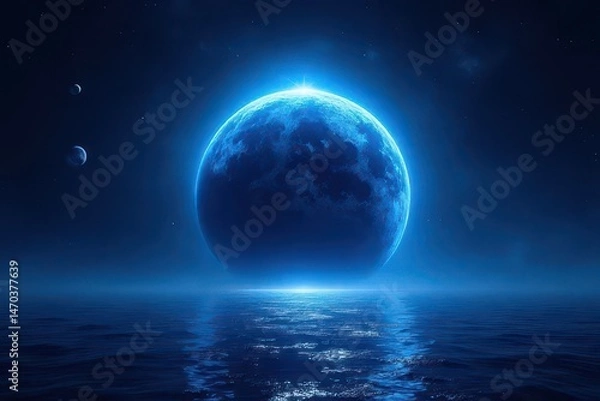 Fototapeta Celestial Orb over Still Waters: A luminous blue planet, its surface aglow with an ethereal light, hovers above tranquil water, creating a serene, otherworldly scene, reminiscent of a dream.