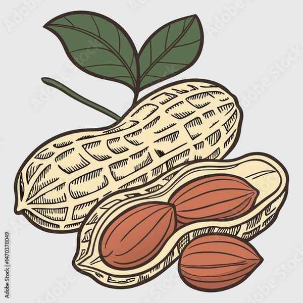 Fototapeta Fresh healthy peanuts in a shell with green leaves, a natural autumn fruit and vegetable plant illustration