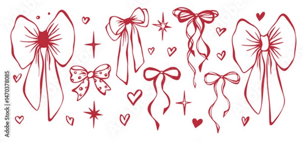 Fototapeta Red bows, stars and whimsical hearts. Set of isolated objects EPS vector. Line art hand-drawn illustration. Coquette core. Contours, silhouettes. Elements for romantic invitation and greeting card.