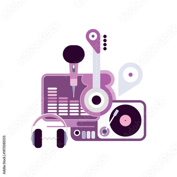 Obraz Artistic composition of color musical items isolated on a white background Sound Recording Studio vector design.
