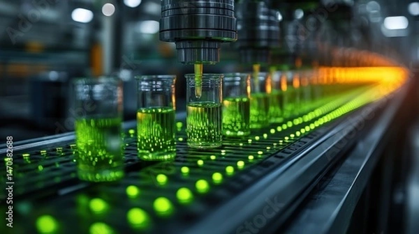 Fototapeta Bottling production line with green liquid filling process in industrial setting