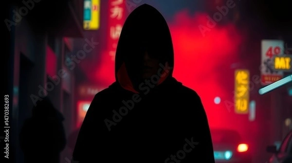 Fototapeta hooded person standing in neon cyberpunk city street with red glowing lights for futuristic urban designs