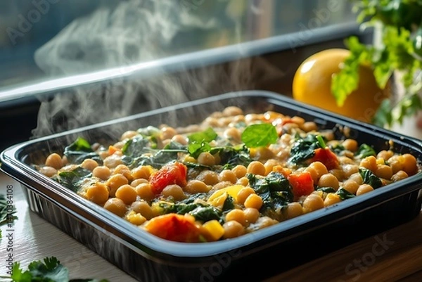 Fototapeta A frozen chickpea and spinach curry tray meal with steam-effect styling on background 