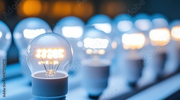 Fototapeta Row of illuminated led light bulbs emitting bright and warm light