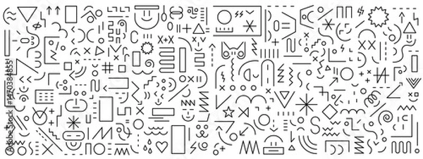 Fototapeta  Education creative kids signs and symbols geometric line shapes faces toys robots vector background