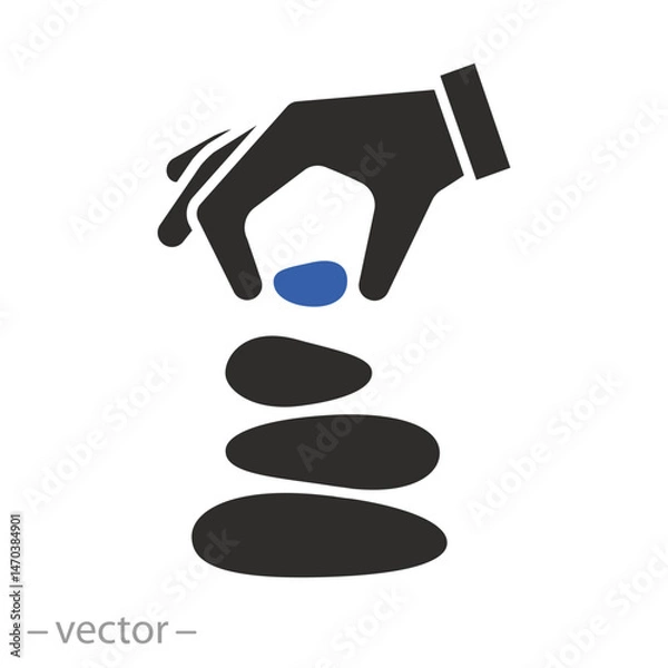 Fototapeta zen stones, hand is building pyramid stones icon, harmony and balance, mental health, flat vector illustration