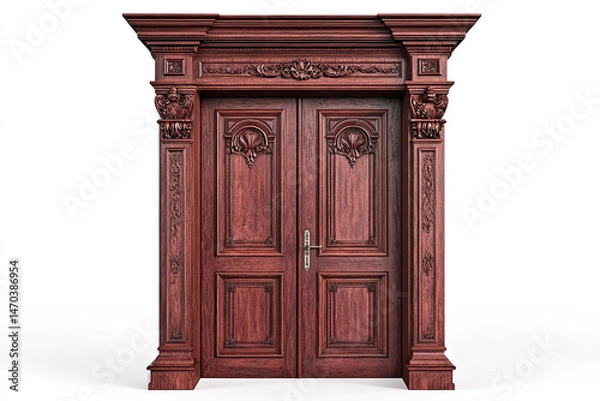 Fototapeta A wooden door with two leaves, in a red wood grain color