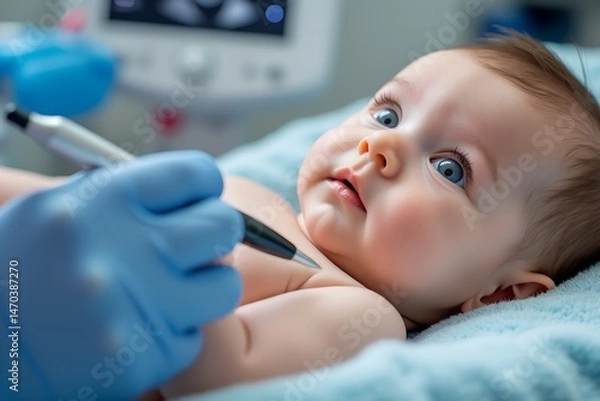 Obraz Baby receiving medical check-up with curious expression in clinic  